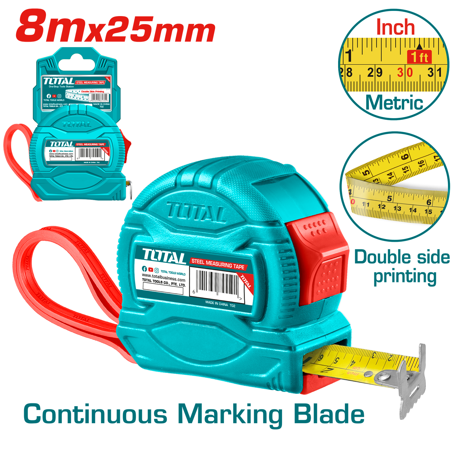 TOTAL STEEL MEASURING TAPE 8*25MM (TMT34825)