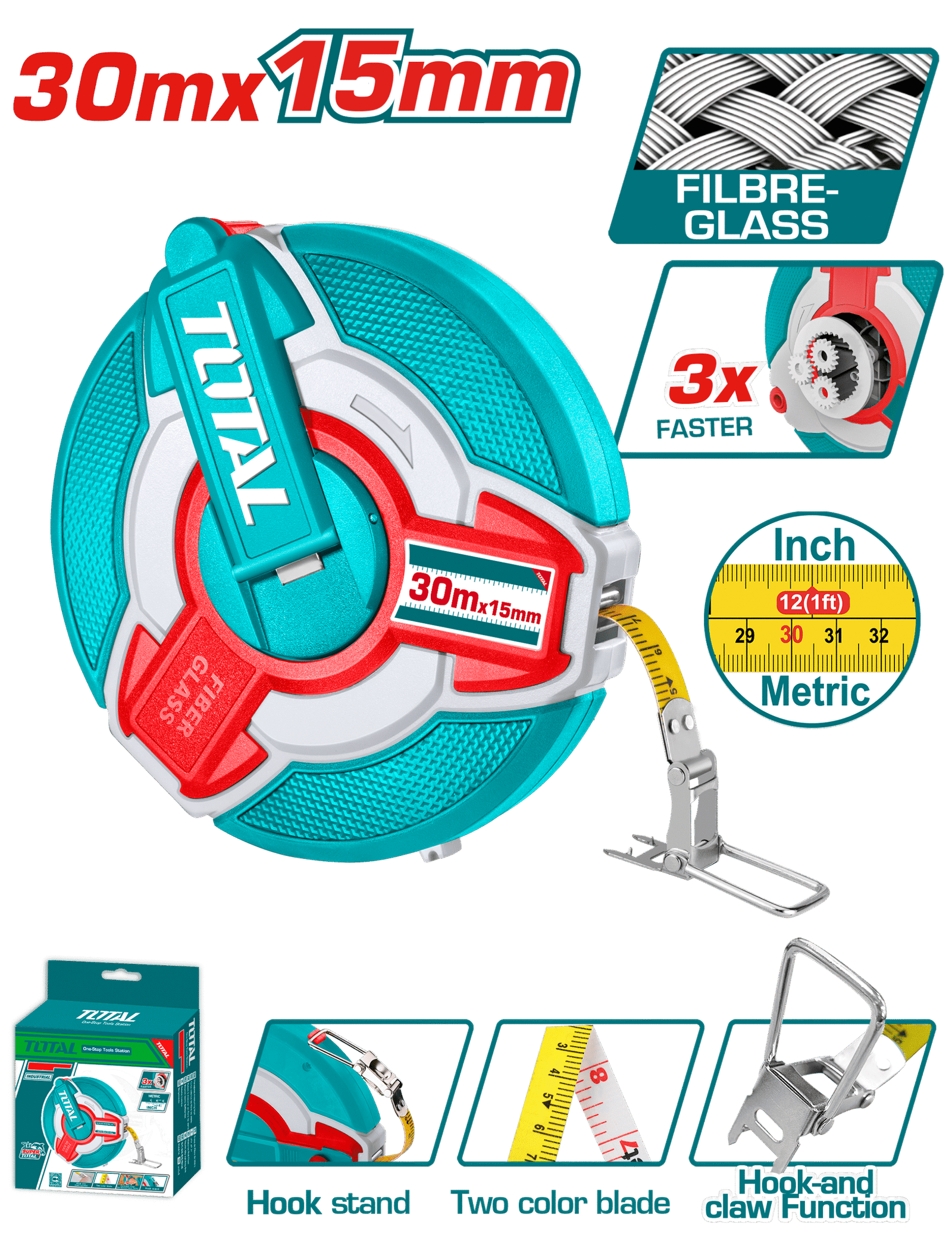 TOTAL FIBREGLASS MEASURING TAPE 30M (TMTF18306)