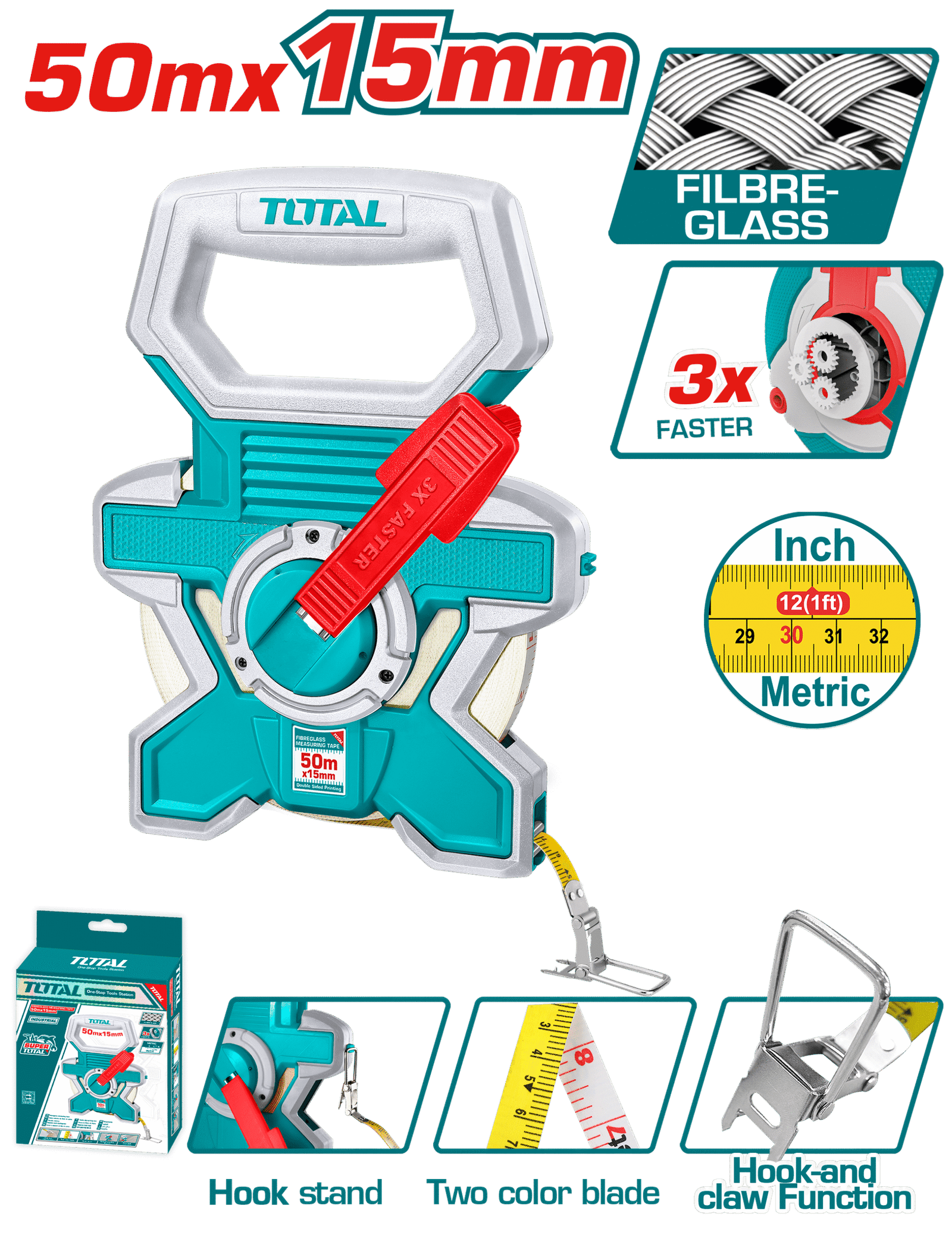 TOTAL FIBREGLASS MEASURING TAPE 50M (TMTF18506)