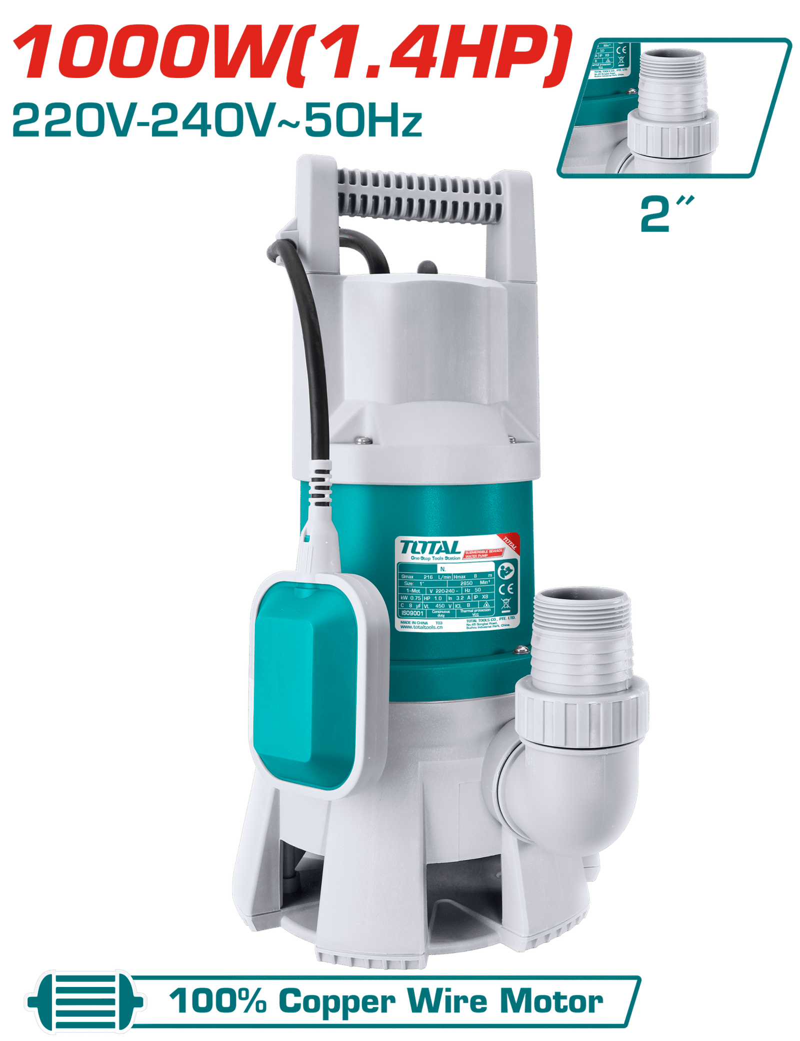 TOTAL SUBMERSIABLE PUMP 1000W (TWP810001)