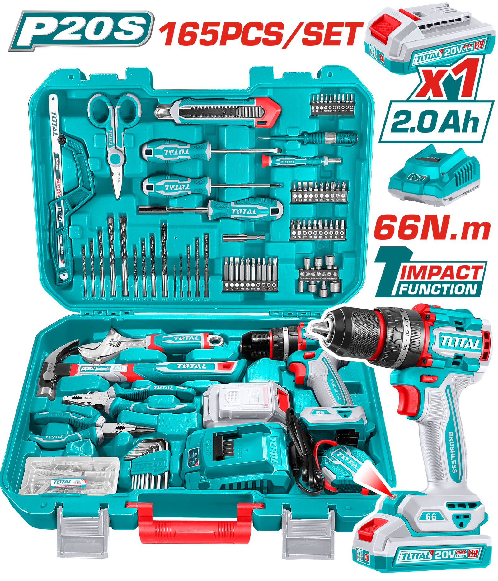 TOTAL CORDLESS 165PCS TOOLS SET (THKTHP11652)