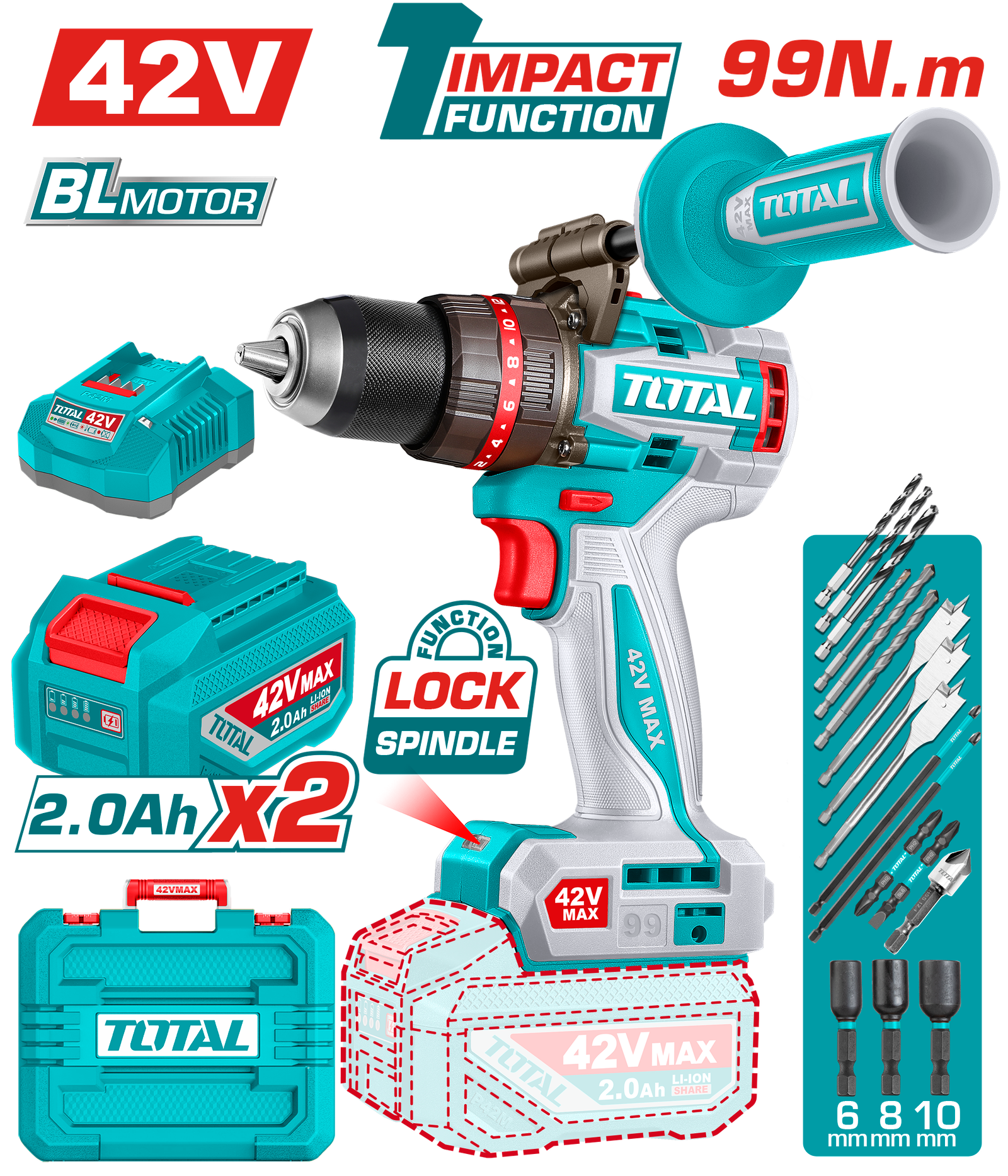 TOTAL 42V BRUSHLESS CORDLESS IMPACT DRILL (TIDLI429982)