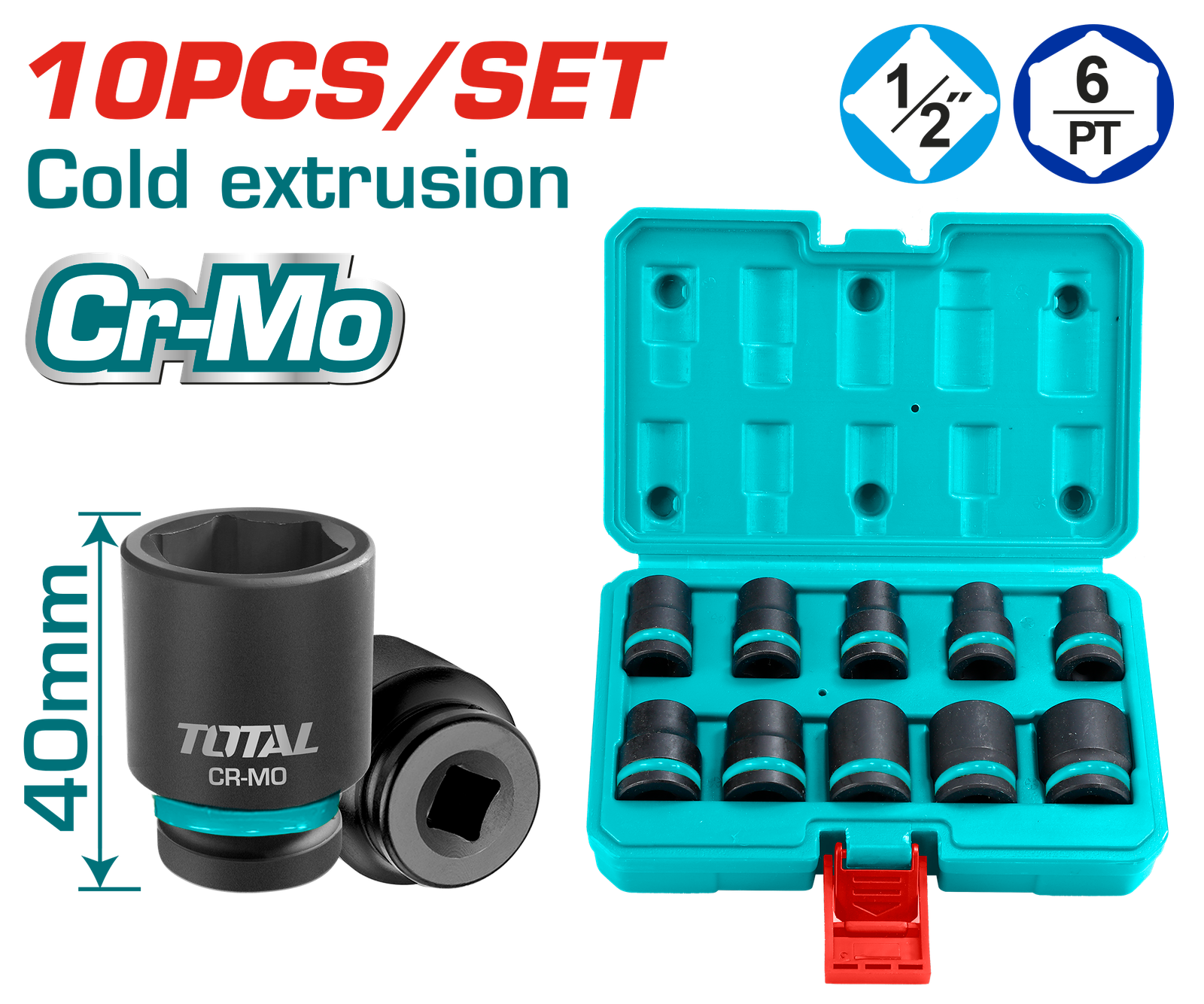 TOTAL 1/2" IMPACT SOCKET SET 10PCS (THISTD12101)